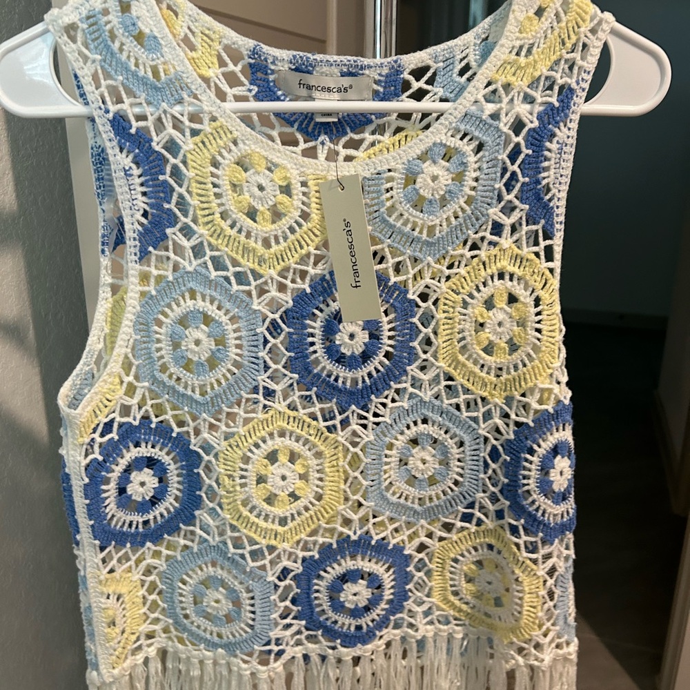 Francesca's Collections Crochet Crop Top in Blue and Yellow
